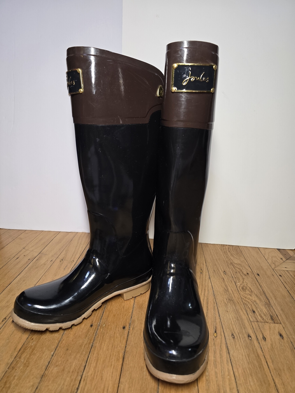 Joules Cottagecore Tall Rain Boots Black Brown Waterproof